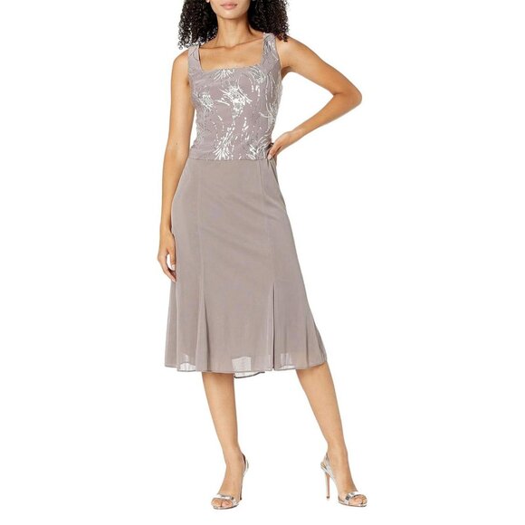 Alex Evenings Women's Tea Length Sequin Dress Pewter Brown / Frost 10 - Picture 12 of 14